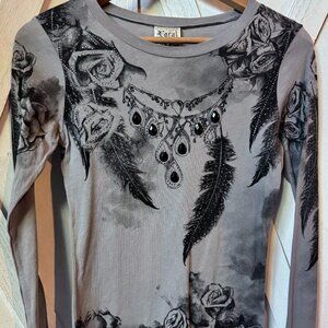 New Vocal Apparel womens crystal gray black feather jewel long sleeve shirt S